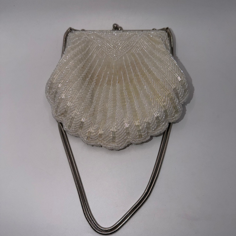Accessory Lady Cream Beaded Shell Clutch Mermaidcore Coastal Grandmother Glam